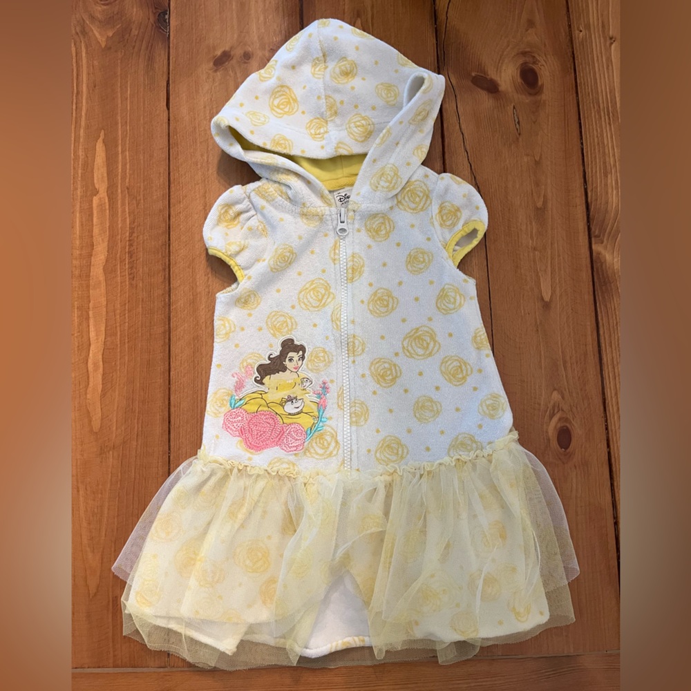 Disney store belle terry cloth with tulle and hood coverup yellow and white 2t